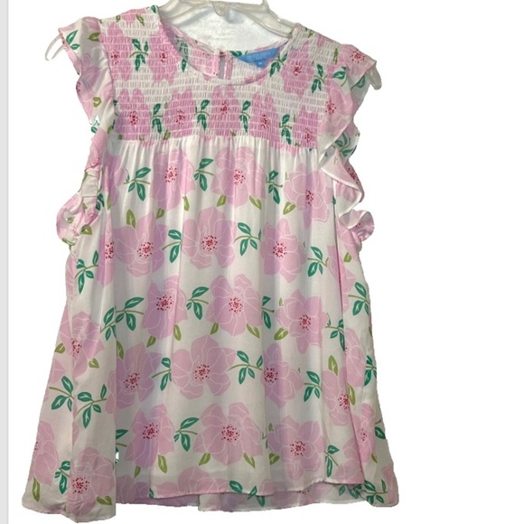 Draper James RSVP Wms M Pink Floral Flounce Smocked Top Flutter Sleeve Peasant - Picture 1 of 6
